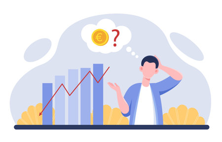 A confused man looking at a declining euro chart with a question mark in a thought bubble, flat style, on a light abstract background. Concept of financial confusion. Vector illustrationのイラスト素材