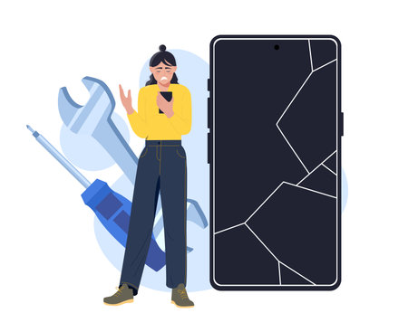 Woman looks upset at broken smartphone screen, large wrench and screwdriver in background on white, concept of mobile device repair. Vector illustrationのイラスト素材