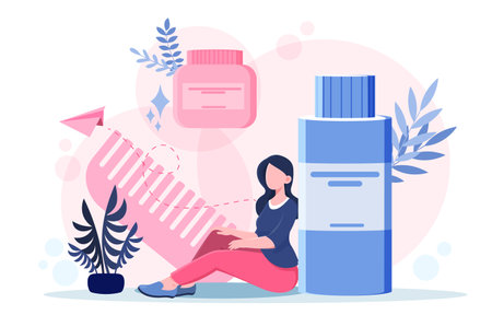 Woman sitting near large shampoo bottle and hair cream jar, flat graphic style on soft abstract background, concept of hair care and beauty. Vector illustrationのイラスト素材