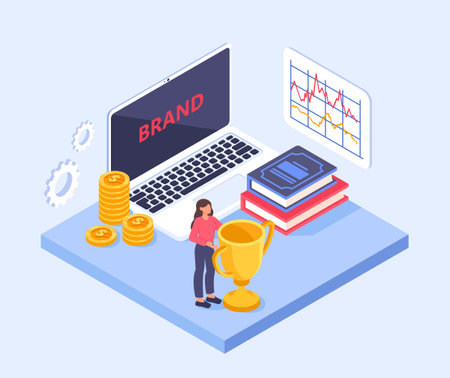 Woman standing near trophy, laptop with brand text, stacked books, coins, and analytics chart in isometric style on light blue background. Concept of brand success. Vector illustrationのイラスト素材