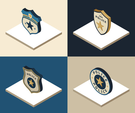 Four isometric police badge icons in different shield shapes and colors, shown on minimalist white platforms with solid background colors. Security concept. Vector illustrationのイラスト素材