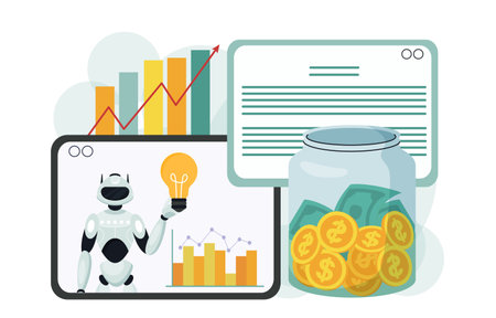 Robot holding light bulb on screen, charts and graphs, money in jar, and web documents on white background, concept of AI in finance and innovation. Vector illustrationのイラスト素材