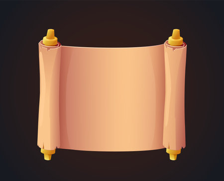 Scroll with aged parchment unrolled between two wooden rods, stylized in cartoon style, placed on a dark gradient background. Concept of ancient document. Vector illustrationのイラスト素材