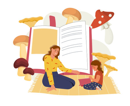 A mother and daughter sitting on a mat and reading books, surrounded by large mushrooms and an open book in the background. Vector illustrationのイラスト素材