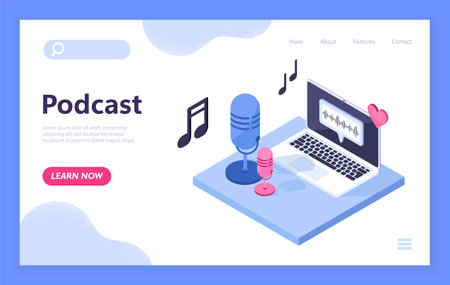 Podcast concept with laptop, microphones, music notes, and heart icon in modern isometric style on white background. Concept of audio content creation. Vector illustrationのイラスト素材