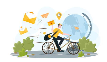 Mail courier riding a bicycle while delivering letters, with flying envelopes around, world globe background, abstract outdoor scene. Concept of global delivery. Vector illustrationのイラスト素材