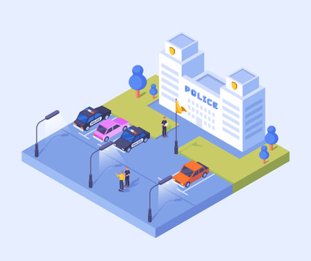 Isometric image of a police station with parked cars, street lamps, and officers talking, in a clean graphic style on a light background. Vector illustrationのイラスト素材