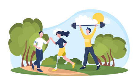 Three diverse people exercising in a park, including a woman with a prosthetic leg, flat graphic style, nature background. Concept of inclusive healthy lifestyle. Vector illustrationのイラスト素材