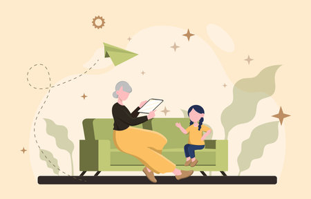 Elderly woman reading a tablet to a young girl while sitting on a green sofa, minimal flat style, beige background, concept of family bonding. Vector illustrationのイラスト素材
