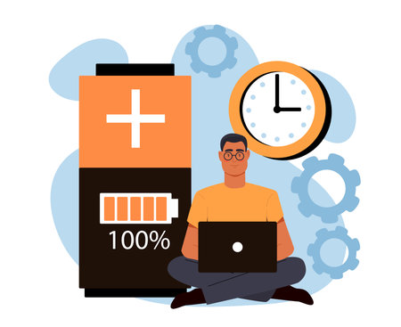 Man sitting cross-legged with laptop, fully charged battery icon, clock and gears in background, symbolizing energy, focus and productivity. Vector illustrationのイラスト素材