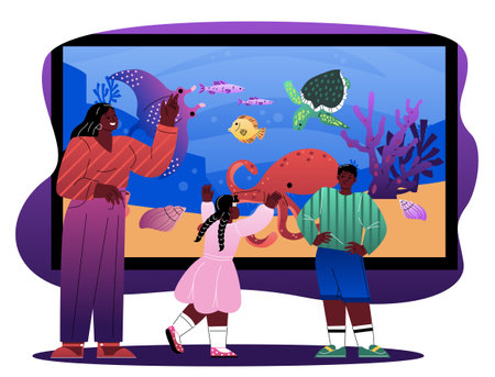 A family of three interacts with an aquarium screen displaying colorful sea creatures, in a flat graphic style, on a white background. Concept of marine education. Vector illustrationのイラスト素材
