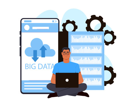 Man with laptop analyzing big data in front of cloud storage, server racks, and gears, on white background. Concept of cloud computing. Vector illustrationのイラスト素材
