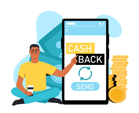 Man sitting with coffee using cashback app on smartphone, flat cartoon style, white background with abstract shapes, concept of digital mobile banking. Vector illustrationのイラスト素材