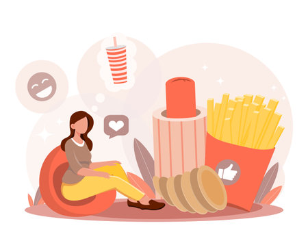 Woman sitting on a bean bag dreaming of a soda, surrounded by oversized fast food items like fries and hotdog, on a light abstract background. Vector illustrationのイラスト素材