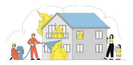 Firefighters extinguishing flames on a burning residential house while a woman and child safely evacuate with pets, minimal style, white background. Concept of fire safety. Vector illustrationのイラスト素材