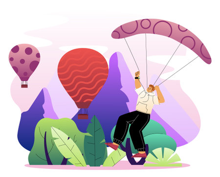 A man is paragliding in front of colorful hot air balloons, floating above stylized green trees and purple mountains on a white and pastel background. Vector illustrationのイラスト素材