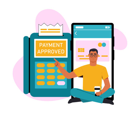 Man sitting with coffee cup pointing at card reader showing payment approved next to smartphone screen, flat graphic style, white background. Concept of digital transactions. Vector illustrationのイラスト素材