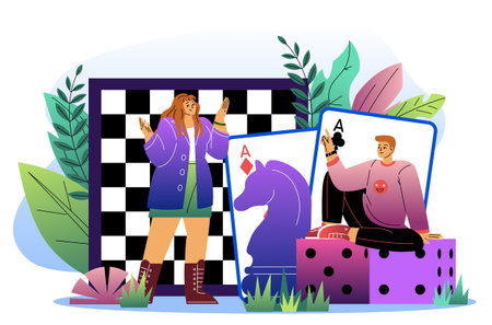 Two cartoon characters with oversized playing cards, dice, and chessboard in a vibrant, natural setting with leaves and plants. Concept of strategy and leisure. Vector illustrationのイラスト素材