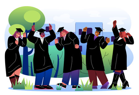 Group of diverse graduates in caps and gowns celebrating together with joy, colorful cartoon style on outdoor campus background. Concept of graduation success. Vector illustrationのイラスト素材