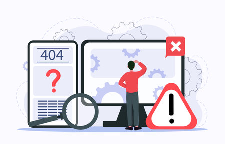 Man standing in front of large screens showing 404 error and warning icons, with gears in...