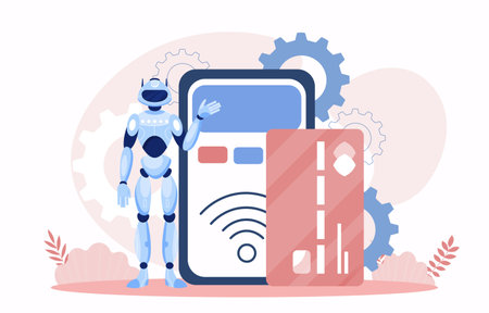 Humanoid robot standing beside a smartphone and credit card, with gears in the background on a white backdrop, concept of AI in digital payments. Vector illustrationのイラスト素材