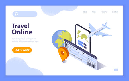 Online travel booking concept with smartphone, airplane, globe, boarding pass, and location pin in modern isometric style on a white background. Vector illustrationのイラスト素材