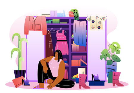 Woman sits on floor in front of cluttered wardrobe filled with clothes, shoes, and boxes in modern flat graphic style, on white background. Concept of fashion stress. Vector illustrationのイラスト素材