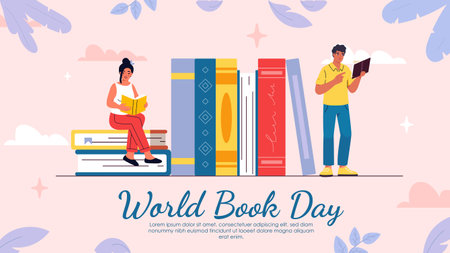 A girl reading while sitting on stacked books and a boy standing with a book, colorful cartoon style on pastel background. Concept of World Book Day. Vector illustrationのイラスト素材
