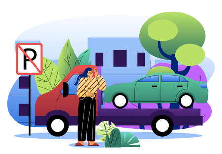 Woman stands upset as green car is towed for parking violation near no parking sign, urban background with trees and leaves. Vector illustrationのイラスト素材