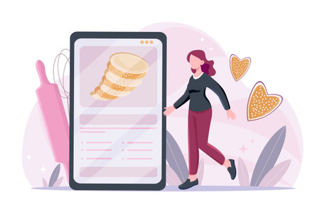 A woman looking at a large digital tablet displaying a cookie recipe, surrounded by baking tools and heart-shaped cookies, on a soft abstract background. Vector illustrationのイラスト素材