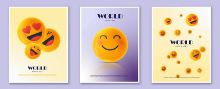 Set of three cheerful posters showing smiling and laughing yellow emoji faces in glossy style on...