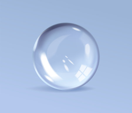Realistic glass ball. Shining sphere with glares and highlights. Transparent volume round figure or crystal bubble of water isolated on blue. Glossy circular shape. 3D vector illustrationのイラスト素材