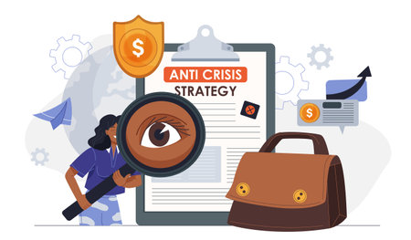 Anti crisis strategy concept. Woman with magnifying glass near briefcase and notepad. Business and entrepreneurship. Marketing and communication. Flat vector illustrationのイラスト素材