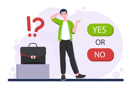 Man with difficult choice. Businessman with briefcase near yes or no options. Decision making process, doubting and uncertainty. Puzzled and confused guy. Flat vector illustrationのイラスト素材
