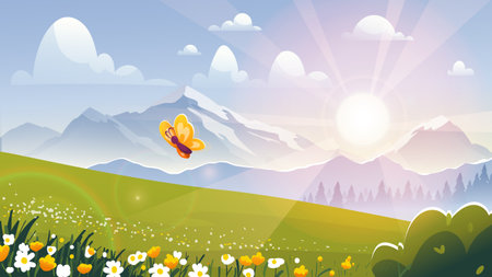 Summer lawn landscape. Yellow butterfly flying on green lawn. Beautiful natural panorama and landscape. Silhouette of mountains in sunny day. Flat vector illustrationのイラスト素材