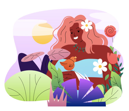 Woman in nature. Young girl among flowers and birds. Beauty, aesthetics and elegance. Awareness and mindfulness. Peace and inner balance. Flat vector illustrationのイラスト素材