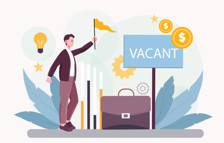 Man with open vacancy. Businessman with flag near briefcase. Employer searching candidates for vacancy. Hiring and recruitment, headhunting. Flat vector illustrationのイラスト素材