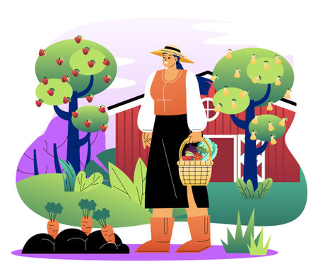 Woman on farm. Young girl with basket of fresh and natural fruits. Farmer or gardener with crop nd harvest. Farming and agriculture, horticulture. Flat vector illustrationのイラスト素材
