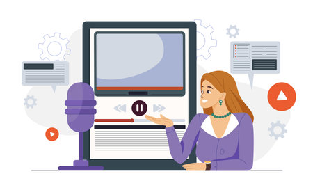 Professional speaker woman. Woman with microphone recording podcast. Broadcast and podcast. Streamer or radio host. Audio show on air. Flat vector illustrationのイラスト素材