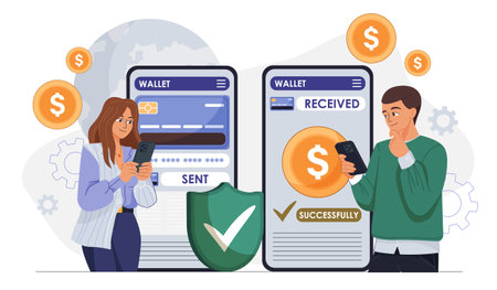 People sending money online. Man and woman near smartphones with coins. Cashless transfers and...