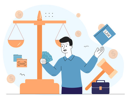 Corrupt man with money. Young guy with banknotes in hand near judges gavel and scales. Crime and illegal activity. Unjust businessman or politician. Linear vector illustrationのイラスト素材