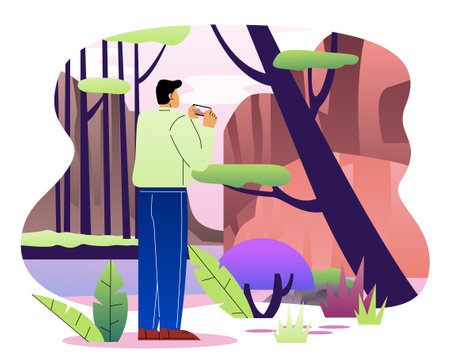Man takes landscape photo. Young guy with camera taking photo of natural area. Traveler and tourist. Photographer takes panoramic photo. Fauna and wildlife. Flat vector illustrationのイラスト素材