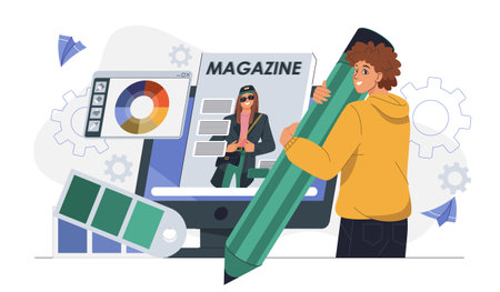 Magazine printing online. Man with pencil near color palette and brochure cover. Fashion and trendy magazine. Designer develops design for journal. Flat vector illustrationのイラスト素材