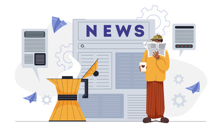 Man reading news. Young guy with newspaper and coffee cup. Journalism, multimedia and media content. Person reads daily news. Flat vector illustrationのイラスト素材
