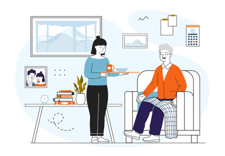 Woman nursing at home. Young girl takes care of elderly man. Healthcare and medicine. Volunteer support. Kindness and charity, volunteering. Linear vector illustrationのイラスト素材