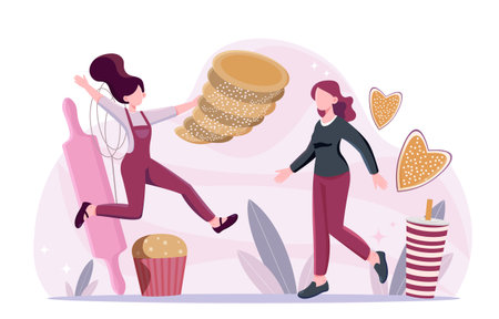 Women with bakery products. Young girls with cookies and croissant. Sweet products. People with...