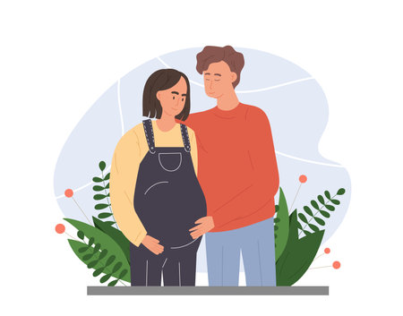 Man with pregnant woman. Young guy hugs girl with big belly. Happy future parents. Motherhood and parenthood. Expecting mother and father in love. Flat vector illustrationのイラスト素材