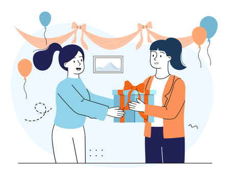 Woman giving gift. Two girls celebrating holiday together. Birthday or New Year party. Festival, party or event. Mother gives present to her daughter. Linear vector illustrationのイラスト素材