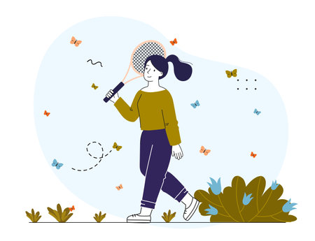 Woman play tennis. Young girl with tennis racket playing outdoors. Active lifestyle and team sports. Competition and tournament. Professional tennis player. Linear vector illustrationのイラスト素材