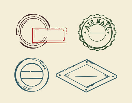 Set of four vintage-style postal stamp designs with grunge textures, hand-drawn graphic style, on a beige background. Concept of retro postal and mail themes. Vector illustrationのイラスト素材